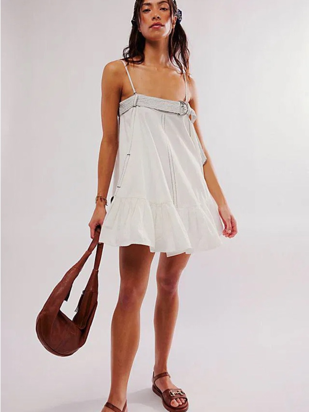 Free People White Spaghetti-Strap Mini Dress with Belt Detail - Picture 4 of 8